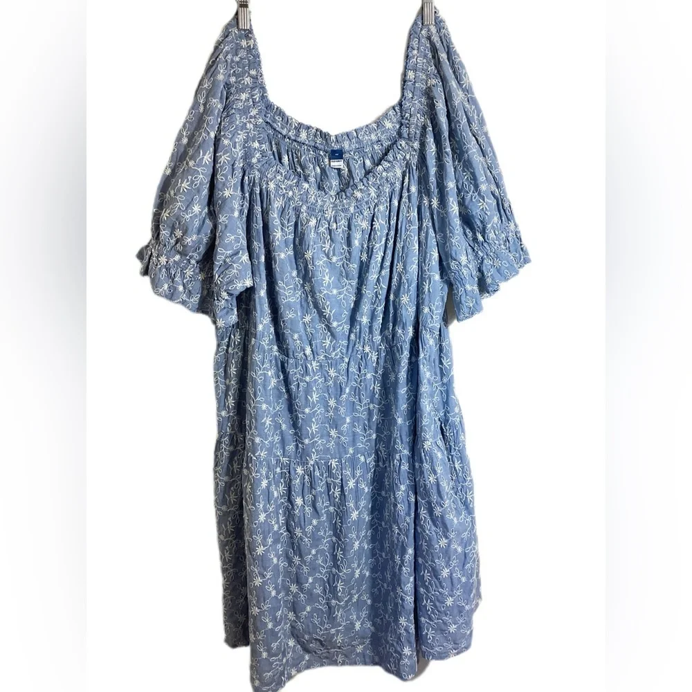 Old Navy Puff-Sleeve Tiered Mini Swing Dress Size 3X Milkmaid Peasant Boho Blue - Picture 1 of 10